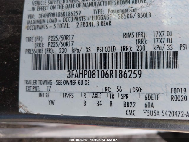 2006 FORD FUSION SEL VIN: 3FAHP08106R186259