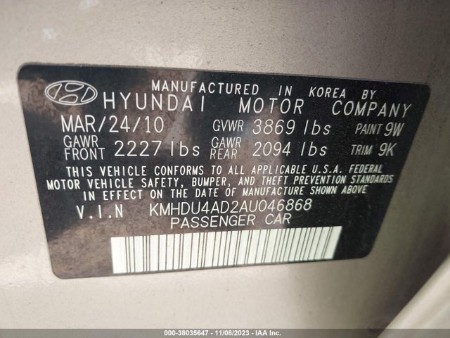 2010 HYUNDAI ELANTRA GLS VIN: KMHDU4AD2AU046868