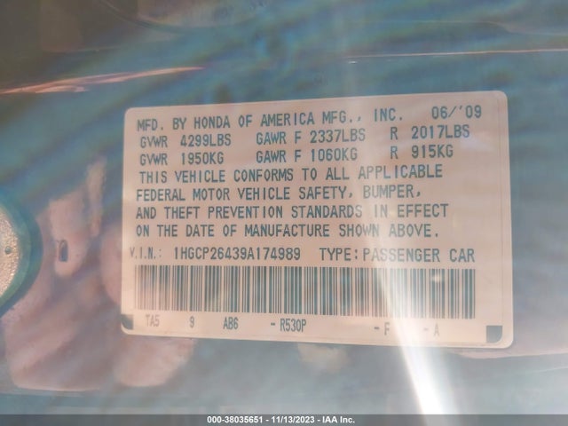 2009 HONDA ACCORD 2.4 LX-P VIN: 1HGCP26439A174989