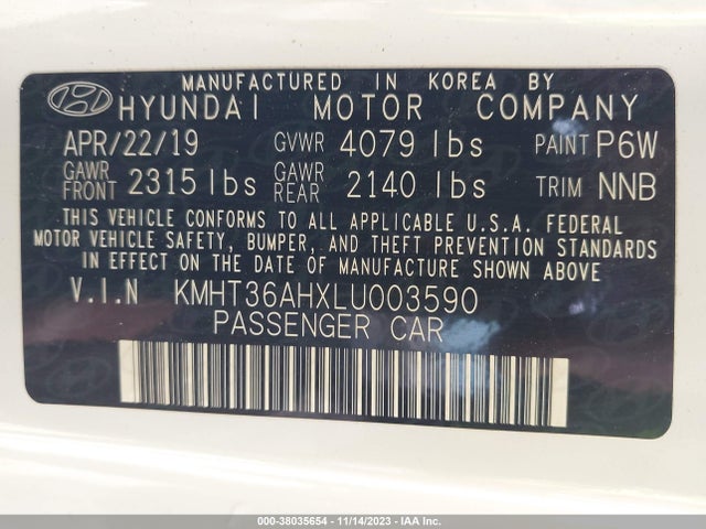2020 HYUNDAI VELOSTER N VELOSTER N VIN: KMHT36AHXLU003590