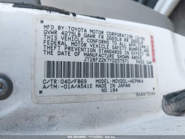 2000 TOYOTA CAMRY LE V6 VIN: JT2BF22K7Y0257971