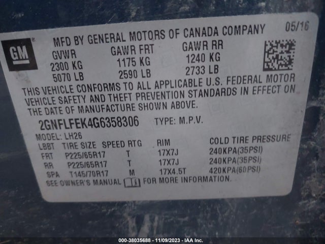 Chevrolet EQUINOX LT 2016 2GNFLFEK4G6358306 Image 9