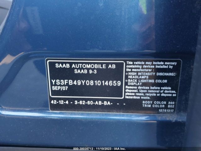 2008 SAAB 9-3 YS3FB49Y081014659 Photo 8