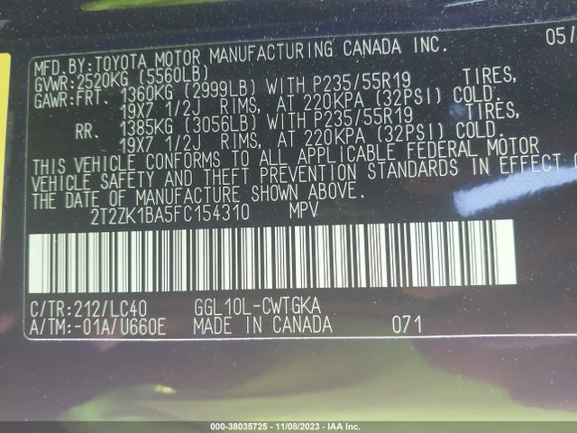 2T2ZK1BA5FC154310 Lexus RX 350