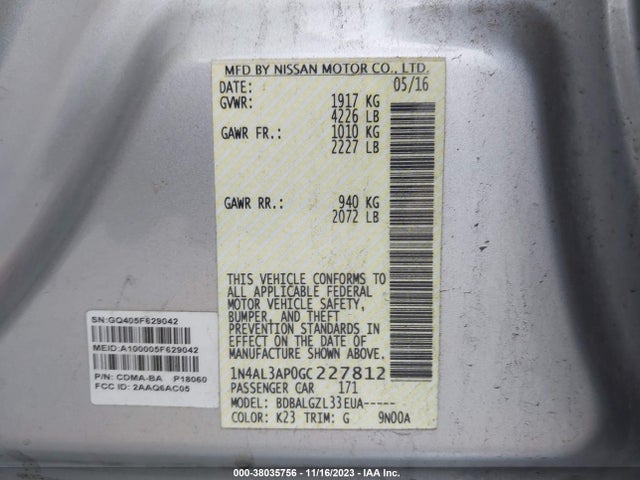2016 NISSAN ALTIMA VIN: 1N4AL3AP0GC227812