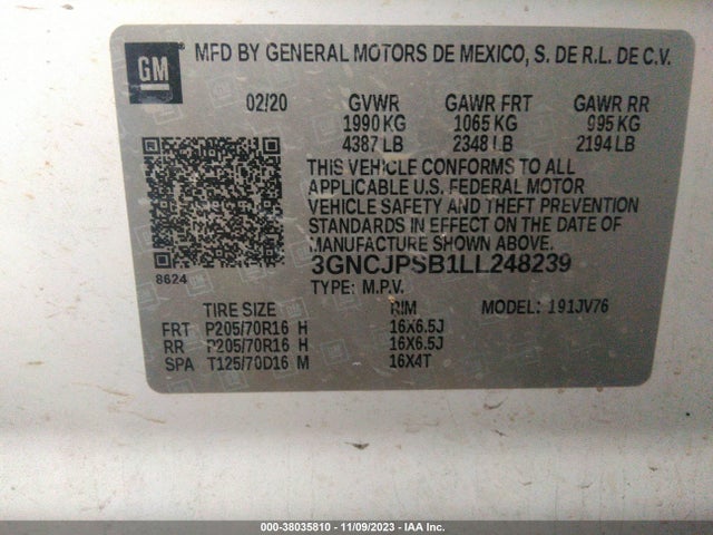 Chevrolet Trax Awd Lt 2020 3GNCJPSB1LL248239 Image 9