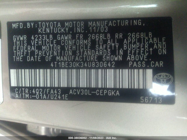 2004 TOYOTA CAMRY XLE VIN: 4T1BE30K34U830642
