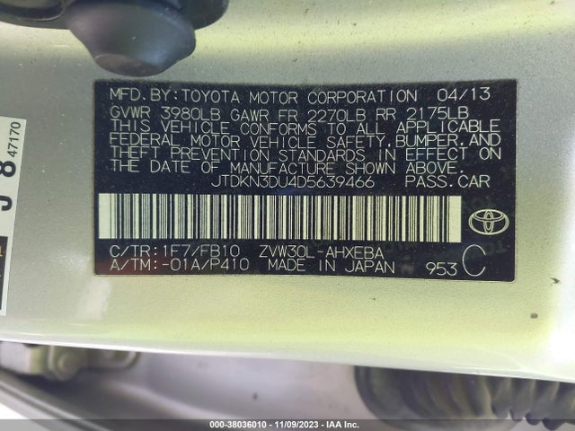 2013 TOYOTA PRIUS TWO VIN: JTDKN3DU4D5639466