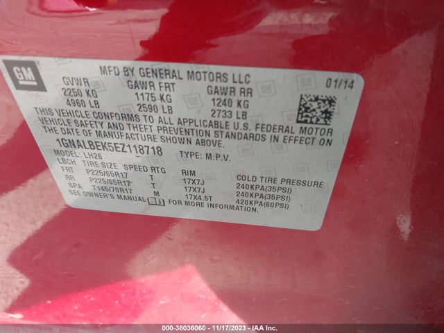 Chevrolet EQUINOX 1LT 2014 1GNALBEK5EZ118718 Image 9