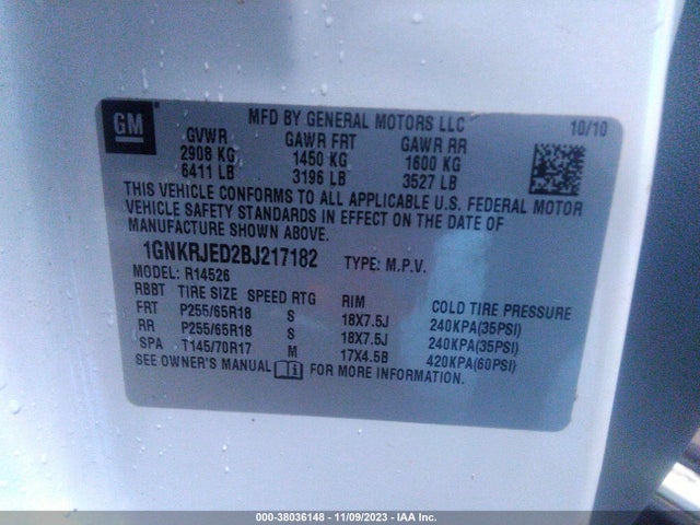 Продаж на аукціоні авто 2011 Chevrolet Traverse 2lt, vin: 1GNKRJED2BJ217182, номер лоту: 38036148