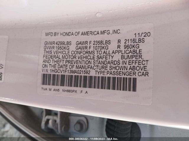 2021 HONDA ACCORD LX VIN: 1HGCV1F13MA021592