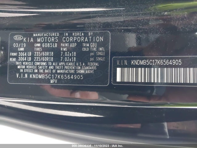 2019 KIA SEDONA VIN: KNDMB5C17K6564905