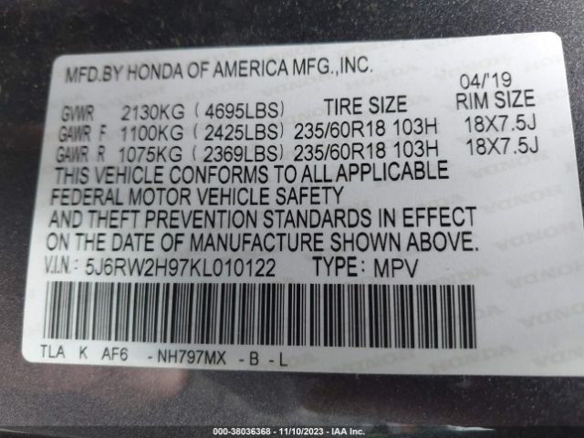 5J6RW2H97KL010122 Honda Cr-v Touring
