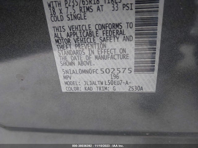 2015 INFINITI QX60 VIN: 5N1AL0MN0FC502575