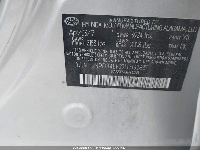 2018 HYUNDAI ELANTRA SEL VIN: 5NPD84LF2JH213263