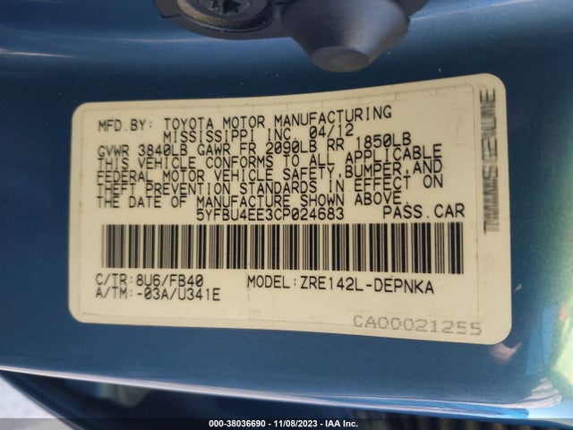 2012 TOYOTA COROLLA LE VIN: 5YFBU4EE3CP024683