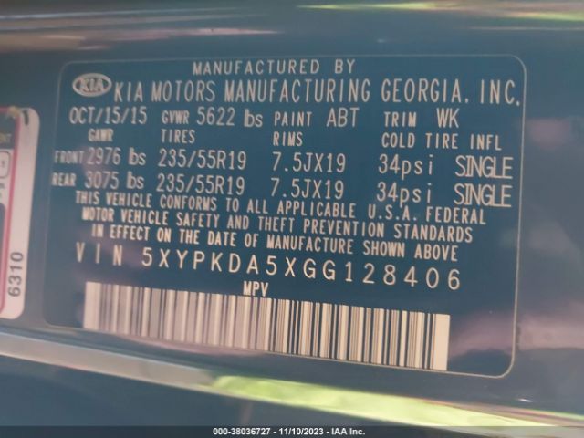 5XYPKDA5XGG128406 KIA Sorento 3.3l Sxl