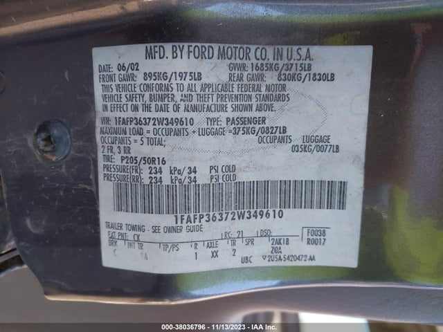 2002 FORD FOCUS SE FLEET/SE BASE VIN: 1FAFP36372W349610