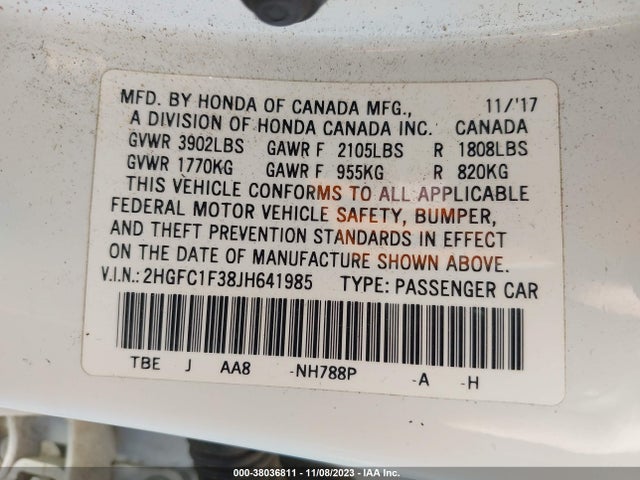 2018 HONDA CIVIC EX-T VIN: 2HGFC1F38JH641985
