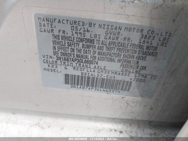 2016 NISSAN SENTRA FE+ S/SV/S/SR/SL VIN: 3N1AB7AP3GL665574