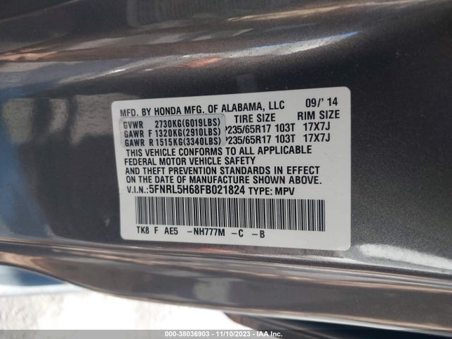 2015 HONDA ODYSSEY EX-L VIN: 5FNRL5H68FB021824