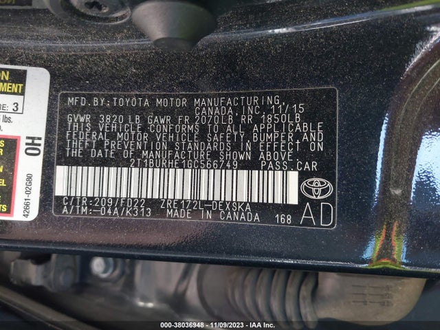 2016 TOYOTA COROLLA S W/SPECIAL EDITION PKG VIN: 2T1BURHE1GC566749