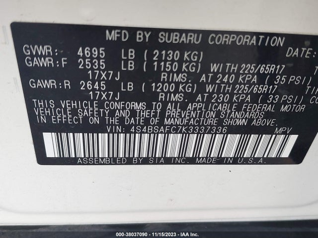 2019 SUBARU OUTBACK PREMIUM VIN: 4S4BSAFC7K3337336