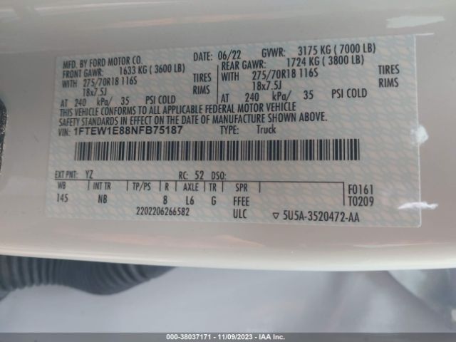 1FTEW1E88NFB75187 Ford F-150 Tremor
