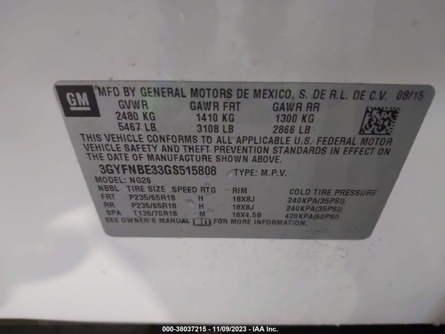 3GYFNBE33GS515808 Cadillac Srx Luxury Collection