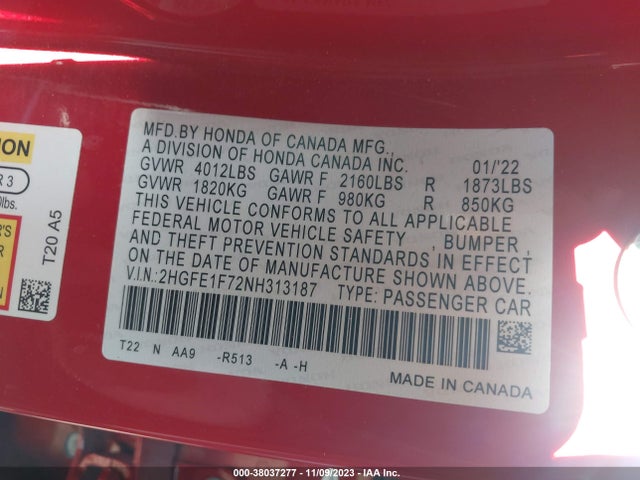 2022 HONDA CIVIC EX VIN: 2HGFE1F72NH313187