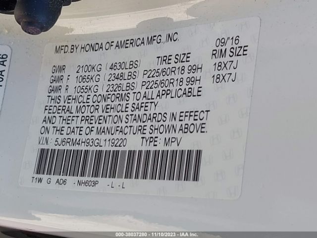 5J6RM4H93GL119220 Honda Cr-v Touring
