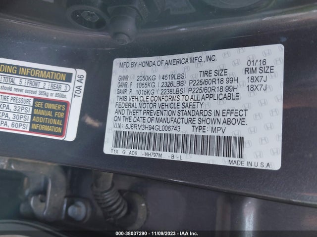 Honda Cr-v Touring 2016 5J6RM3H94GL006743 Image 9