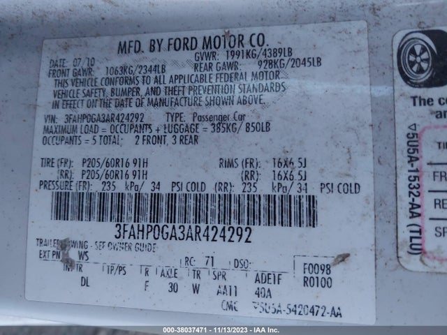 2010 FORD FUSION S VIN: 3FAHP0GA3AR424292