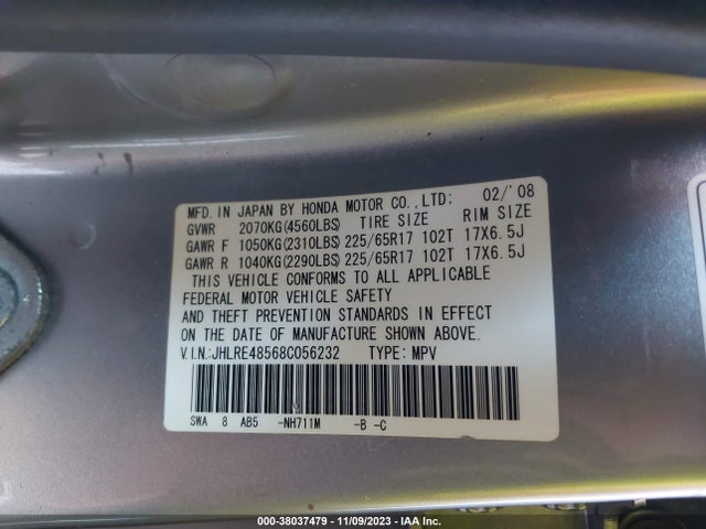 2008 HONDA CR-V EX VIN: JHLRE48568C056232