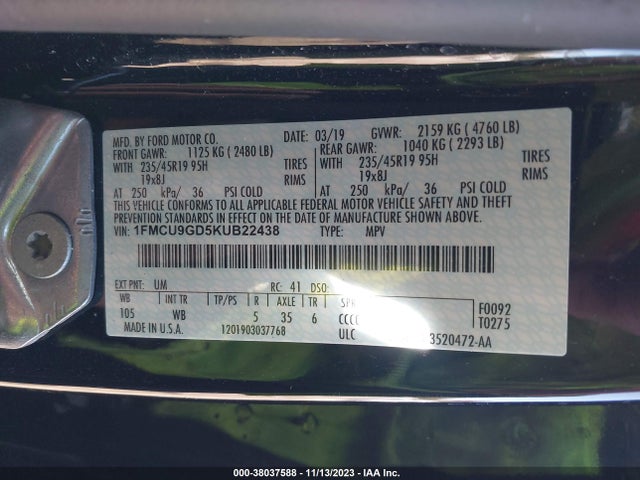 2019 FORD ESCAPE SE VIN: 1FMCU9GD5KUB22438