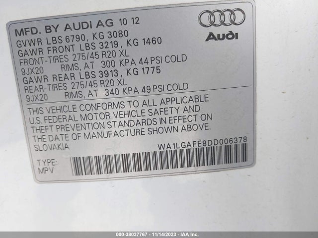 2013 AUDI Q7 3.0T PREMIUM VIN: WA1LGAFE8DD006378