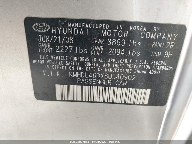 2008 HYUNDAI ELANTRA GLS/SE VIN: KMHDU46DX8U540902