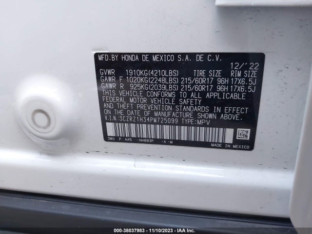 2023 HONDA HR-V 2WD LX VIN: 3CZRZ1H34PM725099