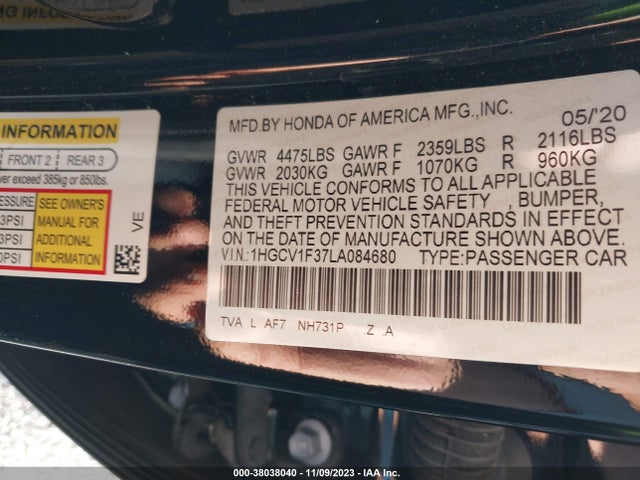 2020 HONDA ACCORD SPORT VIN: 1HGCV1F37LA084680