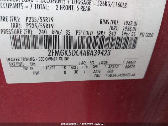 2010 FORD FLEX LIMITED VIN: 2FMGK5DC4ABA39423