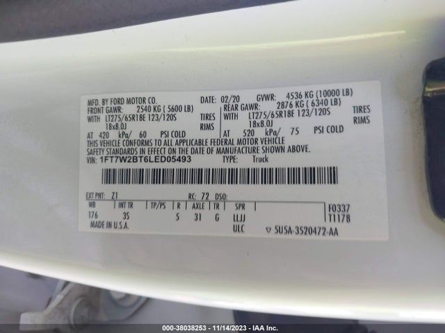2020 FORD F-250 XLT VIN: 1FT7W2BT6LED05493