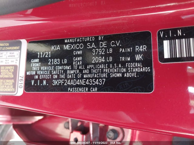 2022 KIA FORTE LXS VIN: 3KPF24AD4NE435437