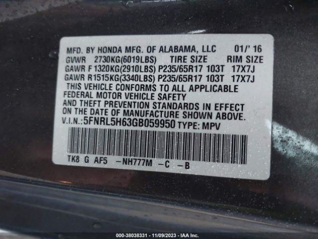 5FNRL5H63GB059950 Honda Odyssey Ex-l