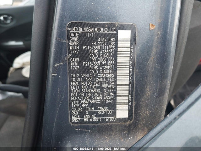 2012 NISSAN JUKE SV VIN: JN8AF5MVXCT110941