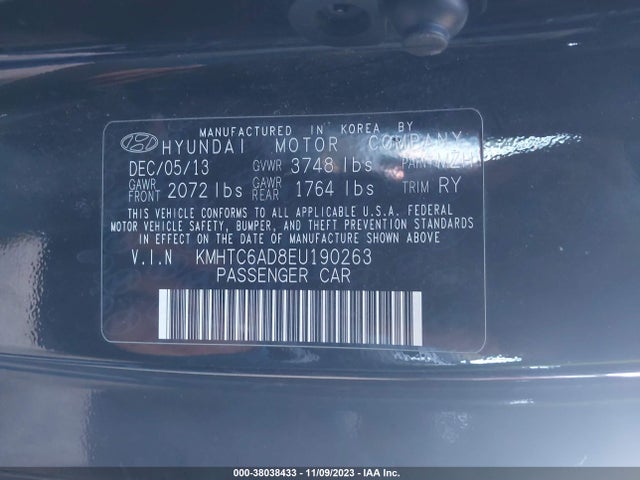 2014 HYUNDAI VELOSTER BASE W/BLACK M6 VIN: KMHTC6AD8EU190263