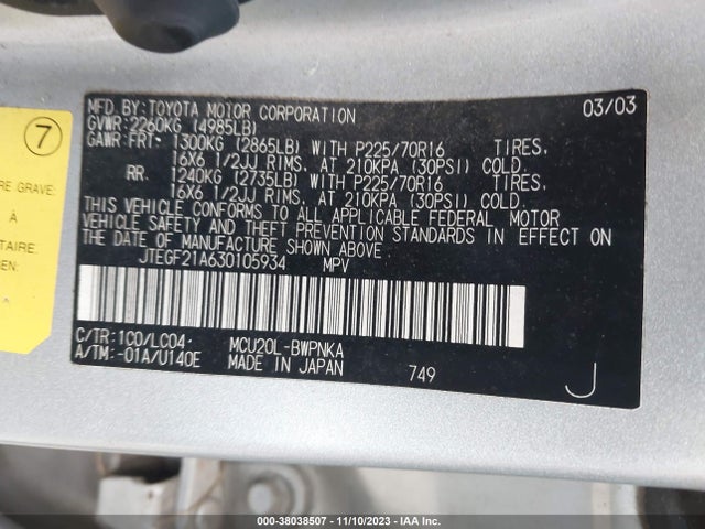 2003 TOYOTA HIGHLANDER VIN: JTEGF21A630105934