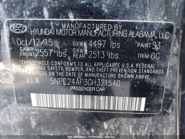 2016 HYUNDAI SONATA SE VIN: 5NPE24AF3GH321540