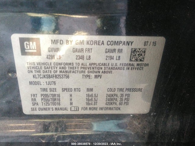 Chevrolet Trax 1ls 2015 KL7CJKSB4FB253756 Image 9