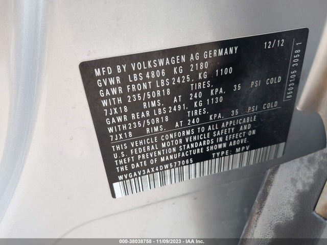 2013 VOLKSWAGEN TIGUAN SE VIN: WVGAV3AX4DW577065
