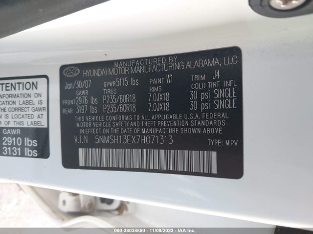2007 HYUNDAI SANTA FE LIMITED/SE VIN: 5NMSH13EX7H071313